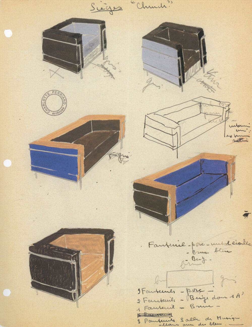 Research drawings of various polychrome versions of the Fauteuil grand confort small and large model sofa for Villa Church Charlotte Perriand 1928c A Ch P
